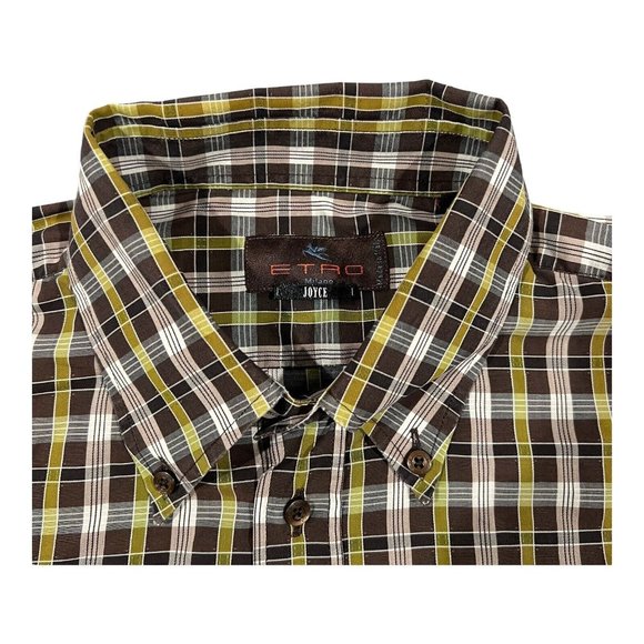 ETRO Small Logo Men's Blue Brown‎ Checked Longsleeve Shirt Size 42 Made In Italy - Picture 11 of 12